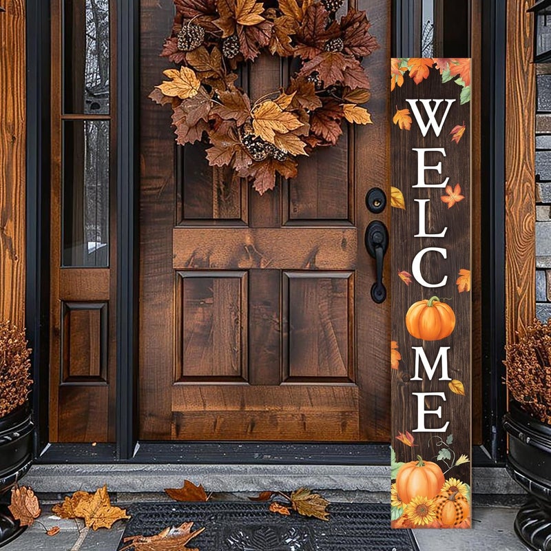 Seimip Fall Welcome Sign For Front Porch Fall Porch Sign Maple Leaf Pumpkin Sunflower Thanksgiving Decor Indoor Outdoor Autumn Wooden Vertical Sign For Patio Front Door Porch Wall Yard - Image 5